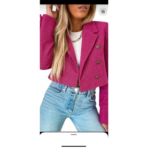 ZARA WOMENS TWEED DOUBLE BREASTED CROP TWEED JACKET RASPBERRY COLOR SIZE XL - Picture 1 of 12